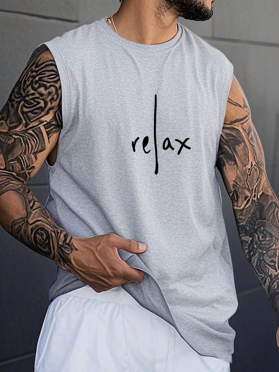 男士夏季字母印花圆领休闲背心 - 灰色 - 查看 1