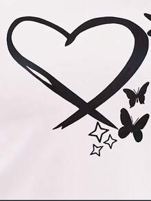 Bộ 2 chiếc/Bộ áo thun tay ngắn họa tiết bướm trái tim cỡ lớn dành cho nữ và quần Capri, đồ mặc nhà thoải mái cho mùa xuân, mùa hè, co giãn nhẹ, mọi mùa, trang phục - Đen và trắng - Xem 5