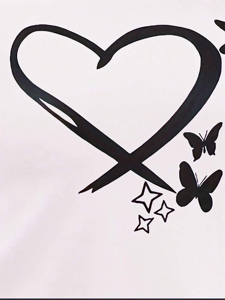 Bộ 2 chiếc/Bộ áo thun tay ngắn họa tiết bướm trái tim cỡ lớn dành cho nữ và quần Capri, đồ mặc nhà thoải mái cho mùa xuân, mùa hè, co giãn nhẹ, mọi mùa, trang phục - Đen và trắng - Xem 5