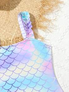 2 件套青少年女孩鱼鳞印花比基尼泳装套装舒适泳衣夏季衣服户外沙滩礼物