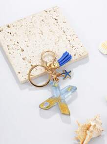 1pc A-Z English Letter Keychain, Resin Drop Glue Oceanic Elements Letter Pendant Keychain For Girls, Summer Starfish, Seashell Decor Random Color Children Bag Accessories