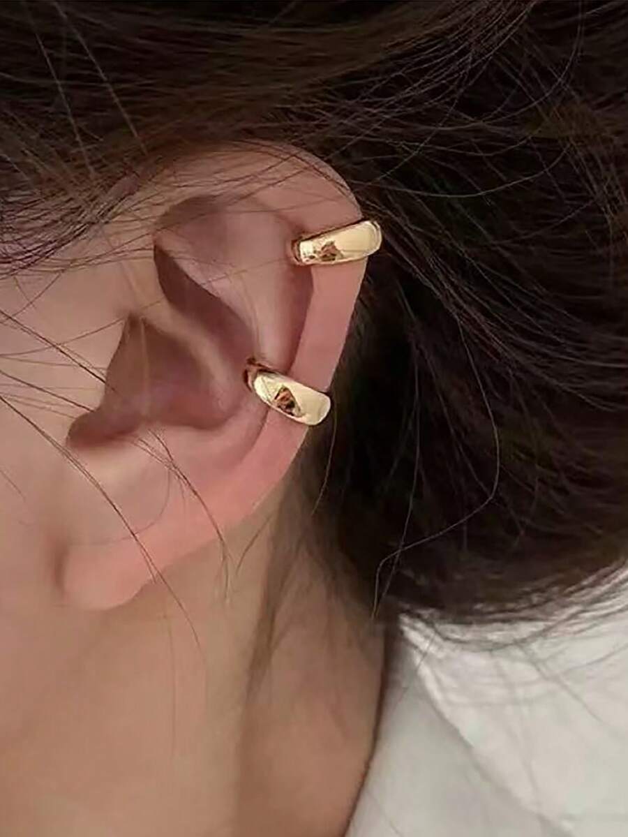 2 件/套女士仿耳洞夹式耳环，圆形软骨夹环，女孩珠宝礼物 - 金色 - 查看 1