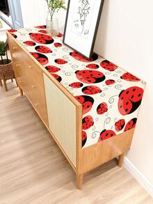 1pc Hand-Painted Seven-Spot Ladybug Insect Print Linen Table Runner, Suitable For Holidays, Parties, Birthdays, Dinners, Kitchen, Dining Room Decor, Shoe Cabinet Cover, All Season Home Decor - Multicolor - View 6