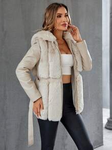 Giolshon 女士优雅仿毛皮连帽外套，带口袋和腰带，适合秋冬季穿着 - 米色 - 查看 4