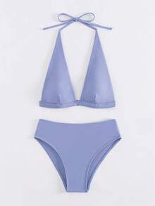 Summer New Solid Color 2 Pieces Halter Neck Backless Bikini Set, Beach Holiday Wear