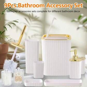 10pcs Bathroom Accessories Set, Plastic Material - Includes Toothbrush Holder, Tumbler, Soap Dispenser, Tray, Soap Dish, Trash Can With Lid And Toilet Brush Holder