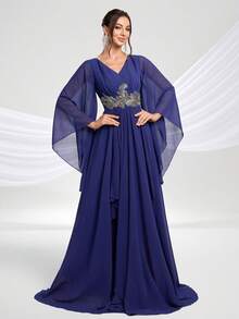 YISIKADO 女士 V 领优雅贴花雪纺荷叶边下摆派对长裙