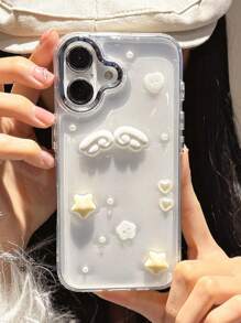 Funda de teléfono con alas de ángel de epoxi con brillo, estrellas y perlas falsas, compatible con iPhone 16, 15, 14, 13, 12 Pro Max, 11, con cubierta trasera protectora clara, resistente al agua, a los golpes y a los arañazos
