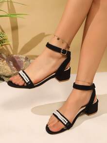 Apricot Peep Toe Strap Mid-Heel Sandals For Teenage Girls, Plus Size - Black - View 2