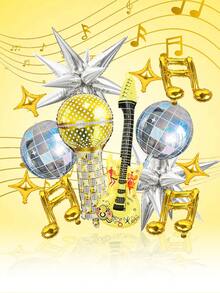 24 件音乐主题派对气球套装 - 麦克风、吉他、迪斯科球、金色音符和星星，适合流行音乐主题、生日派对、80 年代 90 年代嘻哈摇滚派对、歌手表演派对、道具舞蹈装饰 - 彩色 - 查看 1