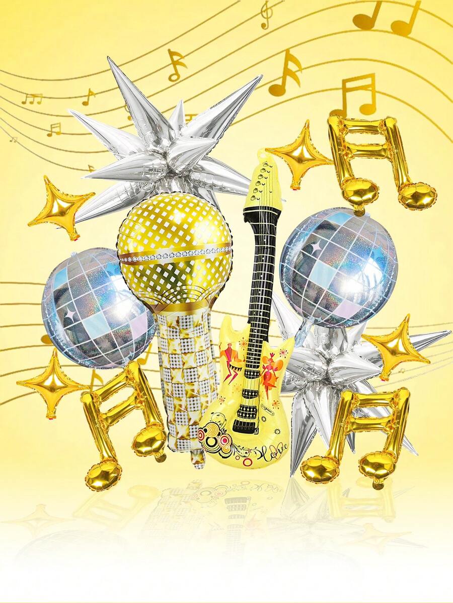 24 件音乐主题派对气球套装 - 麦克风、吉他、迪斯科球、金色音符和星星，适合流行音乐主题、生日派对、80 年代 90 年代嘻哈摇滚派对、歌手表演派对、道具舞蹈装饰 - 彩色 - 查看 1