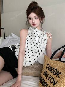 Women's Fashion Black Polka Dot Satin Drawstring Loose Fit Blouson Top