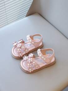 1 Pair New Style Girls/Toddlers Sandals, Fashion Flower Pearl Hook And Loop Design, Non-Slip Soft Bottom Flat Shoes, Suitable For Summer