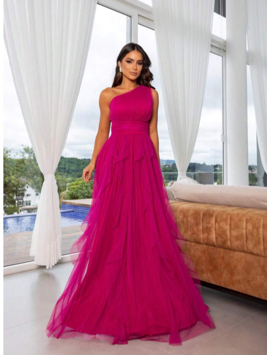 One-Shoulder Layered Bridesmaid Prom Dress - Màu Hoa hồng đỏ - Xem 1
