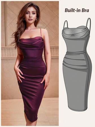 CurvySweet Elegant Bodycon Sleek Draped Neckline Midi Straps Dress With Built-In Bra