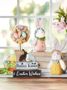 Rustic Wooden Sign - Bunny Kiss And Easter Blessing, Easter Wooden Ornaments, Farmhouse Tabletop Decor With Rabbit Silhouettes, Heart Accents & Bow Details, Holiday Home Desktop Decoration, Perfect For Home, Living Room, Or As A Gift For Easter, Rabbit Decor
