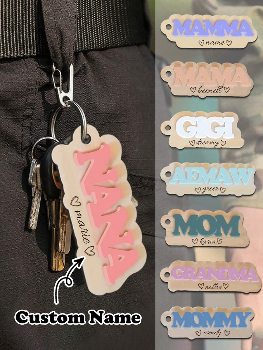 1pc Wooden Mama Keychain With Personalized Kids Names, Custom Mother's Day Gift, Customized Mom Or Grandmother Keychain, Personalized Mom Gift, Gifts For Mom, 10.7x5cm, Vintage, Cute, Adorable, Contracted, Kawaii, Y2K, Stylish, Fall Fashion, Casual, 2000s Fashion