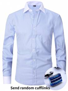 1 pieza Camisa formal con puños franceses para hombre, bloque de color y parche de manga larga, para boda de novio/padrinos, viene con gemelos aleatorios