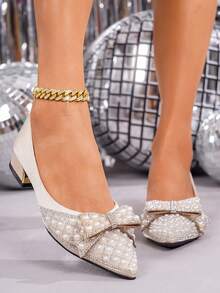 Women's Fashion Glamorous Crystal Bow Decor Slip-On High Heel Shoes For Outdoor Party - Apricot - View 3