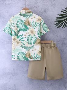 Boys Tropical Plant Leaves Allover Print Casual Shirt & Shorts Set, Summer