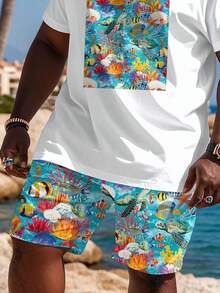 Plus Size Men's Underwater World Printed T-Shirt And Shorts Set - White - View 3