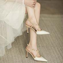 2025 Summer New Niche French Sexy One-Word Strap Rivet Pointed High Heels Stiletto Sandals For Women