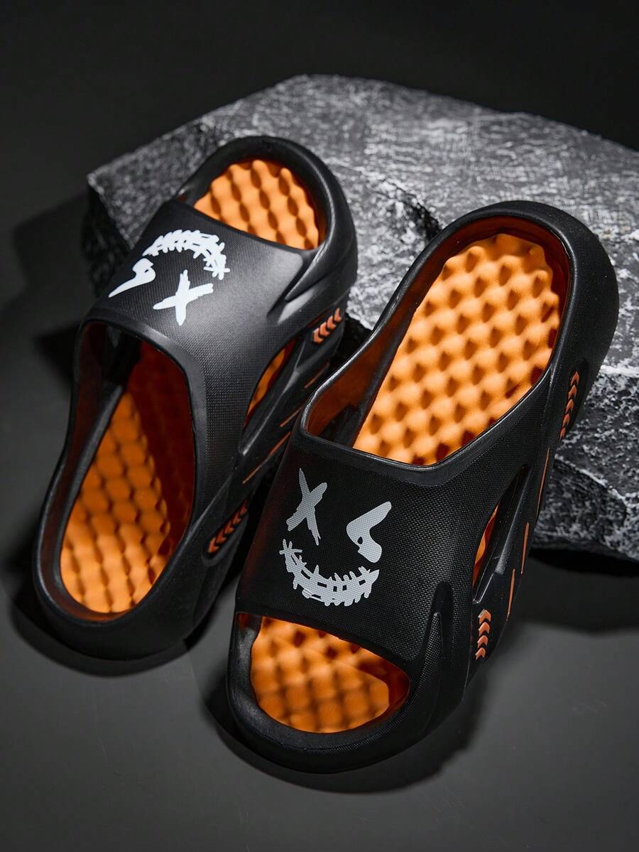 Men's Fashion Ombre Print Casual Streetwear Outdoor Sports Slippers, Indoor Home Shower Non-Slip Thick Massaging Sole Comfortable Sandals, Unisex Couple Slippers, Plus Size - Black Orange - View 1