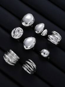 8 件/3 件时尚复古光滑开口镂空几何创意不对称银戒指套装，适合女性生日、度假、约会、派对、日常搭配的礼物 - 彩色 - 查看 4