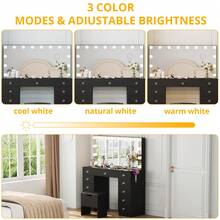 VOWNER 46" Large Vanity Table With Lighted Mirror & Power Outlet, Makeup Vanity Desk With Glass Top, 14-Bulbs Large Mirror, 3-Color Modes & Brightness Adjustable, 11 Drawers For Storage, Come With Soft Stool & Hair Dryer Rack, Vanity Set Gifts For Girls Women, Halloween & Thanksgiving - 黑色-全面鏡 - 查看 4
