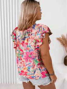 Plus Size Women's Floral Print V-Neck Ruffle Trim T-Shirt, Fashionable Summer Top - Multicolor - View 2