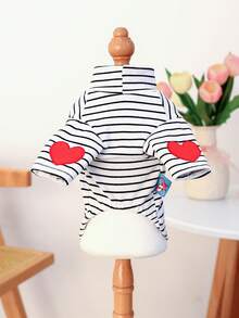 PETCIRCLE 1 件适合小型犬和幼犬的宠物衣服，可爱心形设计黑白条纹汗衫 - 黑色 - 查看 9