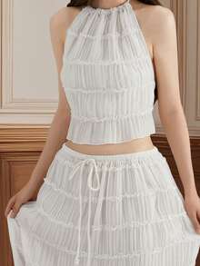 Camisetas sin mangas para mujer con cuello halter anudado, volantes y dobladillo plisado, sin espalda. - Blanco - Ver 5