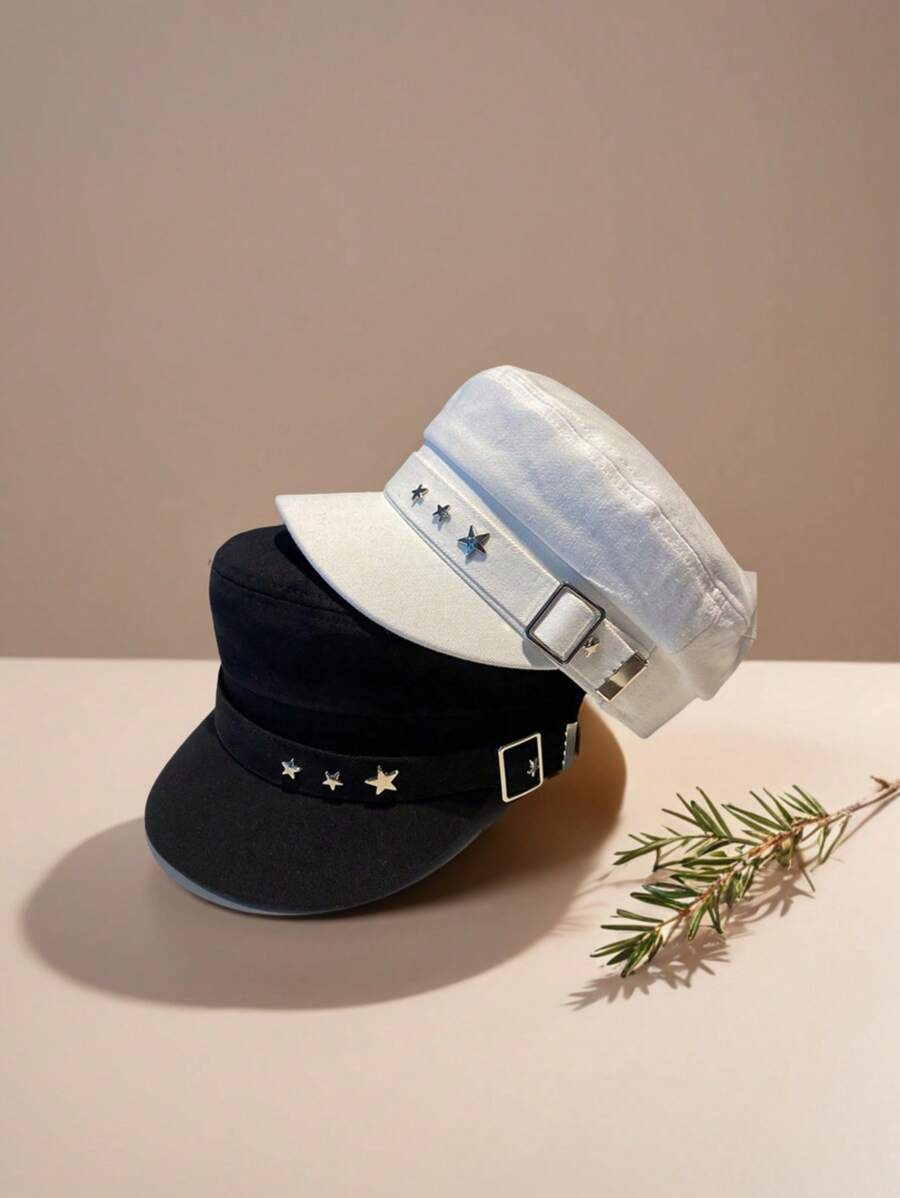 1pc Black Star Print Beret Hat, Retro British Style, New Navy Sailor Cap, Korean Fashion, Painter Cap