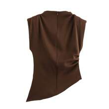 Women's Elegant Solid Color Padded Shoulder Sleeveless Vest, Office Lady Casual Ruffle Asymmetric Zipper Fitted T-Shirt