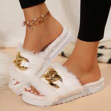 Women's Metallic Chain Sandals - Fluffy & Open Toe For Winter Wear - trắng - Xem 8