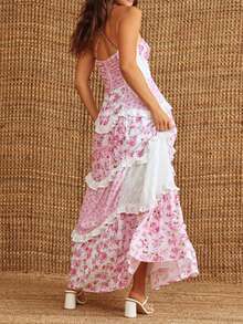 Women Spaghetti Strap Deep V Neck Boho Floral Maxi Dress Backless Smocked Ruffle Long Party Dresses - 粉色 - 查看 5