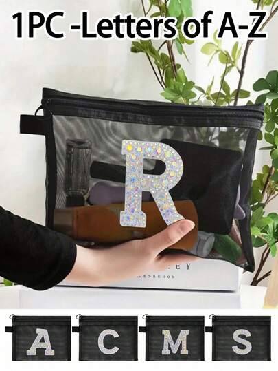 Bolsa de cosméticos de malla negra de nailon, bolsa de cosméticos portátil, letras del alfabeto A-Z, bolsa de viaje multifuncional portátil, bolsa de almacenamiento de maquillaje, skincare y lápiz labial, bolsa con cremallera de malla, organizador de maquillaje de viaje, bolsa de lavado de malla para el baño, bolsa de almacenamiento, simple y de alta gama, almacenamiento de accesorios, adecuado para almacenamiento en dormitorio, viajes, negocios, natación, almacenamiento en el hogar