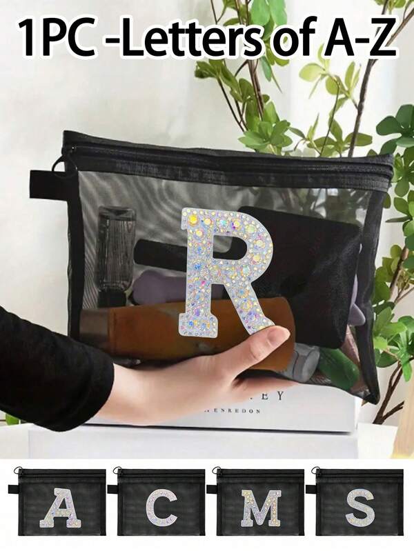 Black Mesh Nylon Cosmetic Bag, Portable Cosmetic Bag, Letters A-Z,Multi Functional Travel Portable Bag, Lipstick Skincare Storage Makeup Bag, Mesh Zipper Bag, Travel Makeup Organizer Storage Bag, Mesh Toilet Washing Bag, Packaging Storage Bag, Simple And High End, Accessories Storage, Suitable For Dormitory Storage, Travel, Business, Swimming, Home Storage
