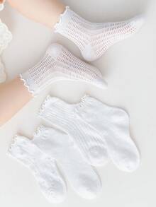 5 Pairs Children's Socks, Summer Mesh Breathable Comfortable Soft Fabric White Ruffle Edge Girls Socks, Cute Black & White Butterfly Kids Socks