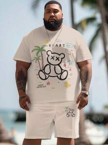 Ensemble t-shirt et short grande taille pour hommes imprimé ours et motif lettrage hawaïen - Kaki - Voir 2