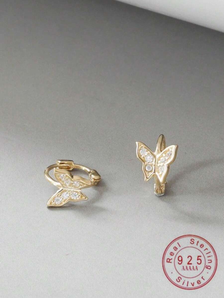 1 Pair S925 Sterling Silver Plated 14K Gold Mini Paved Butterfly Ear Clips