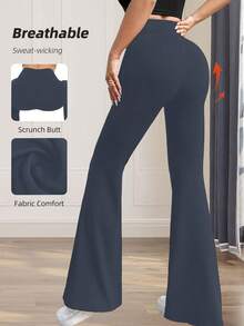 1Pc Women'S High-Rise Bell Bottom Pants, Pure Black Wide Leg Tight Fit Comfortable Casual High Waist Elastic Dance/Yoga Pants Tights - Iron Gray - View 4