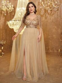 SUPGIR Plus Size V-Neck Extra Long Mesh Sleeve Luxury Beaded Patchwork Decorated Slit Hem Evening Party Dress,Gown,Formal,Wedding Guest, Fall Women Clothes - Champagne - View 4
