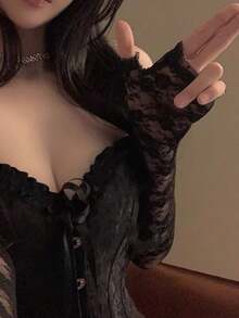 1pair Ladies' Sexy Lace Gloves, Vintage Mesh, Floral Wedding, Half Finger Black And White Lace Gloves, Valentine's Day, Music Festival, Party, Halloween - Multicolor - View 14