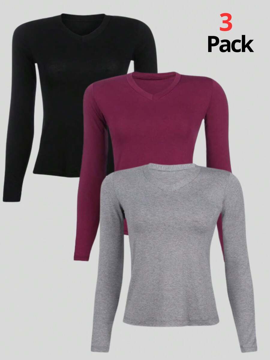 Kit 3 Women's Basic Long Sleeve V-Neck Blouses - Black / Wine / Grey - View 1