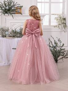 少女亮片3D蝴蝶结薄纱圣诞派对优雅粉色公主裙，适合女孩生日派对、青少年舞会、婚礼花童、感恩节、毕业典礼等场合。 - 粉色 - 查看 2