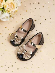 优雅的黑色蝴蝶结平底鞋，适合女童，搭配舒适的室内家庭聚会礼服 - 黑色 - 查看 3