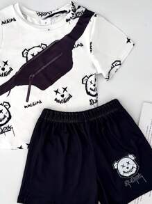 2 pièces Ensemble d'été pour jeunes garçons : sac à bandoulière personnalisé incliné et Top imprimé numériquement, pantalon imprimé de lettres, convient pour le décontracté, les sports, l'extérieur, le streetwear