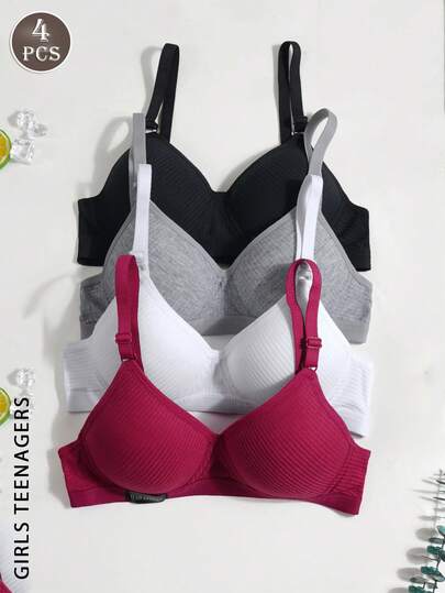 4Pcs Girls Teenager Ribbed Triangle Cup Bra, Comfortable And Breathable Developmental Girls Underwear Suitable For 13-16Y