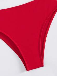 New Summer Solid Color 2 Pieces Bikini Set, Halter Tie Back Style, Beach Vacation - Red - View 5